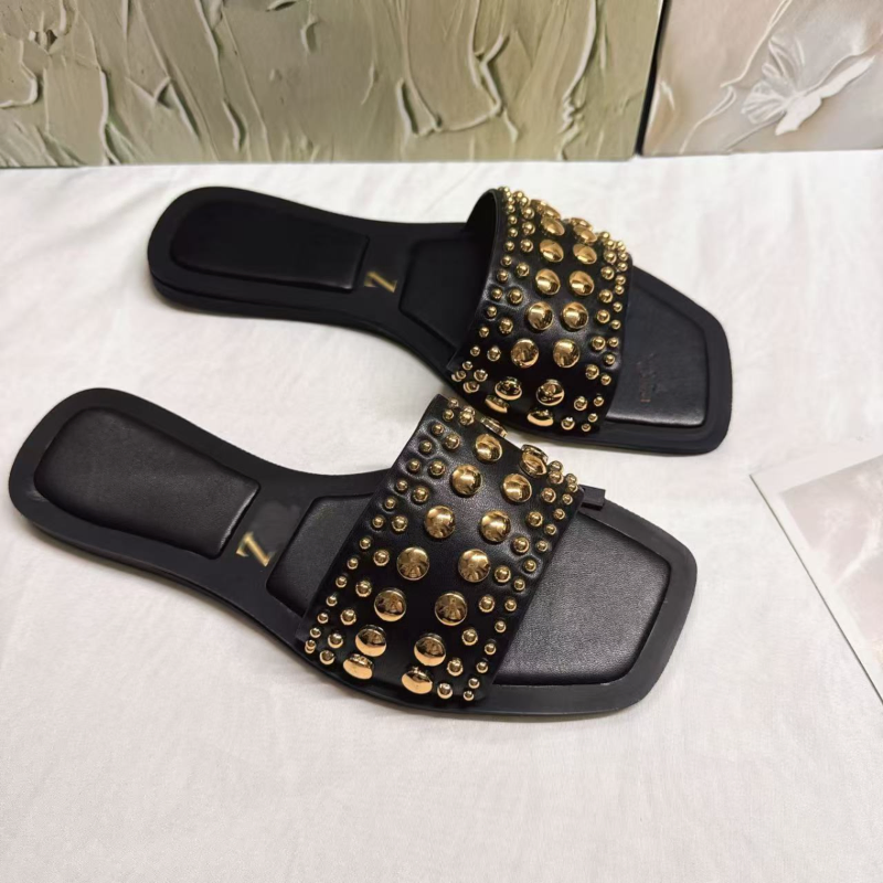 METAL RIVET DECORATION SQUARE TOE SLIPPERS US1000-100B