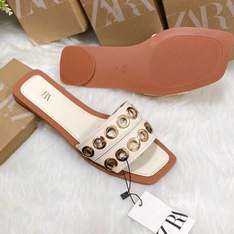 SPANISH STYLE  HARDWARE BUCKLE FLAT WOMEN'S SLIPPERS 8320BEIGE