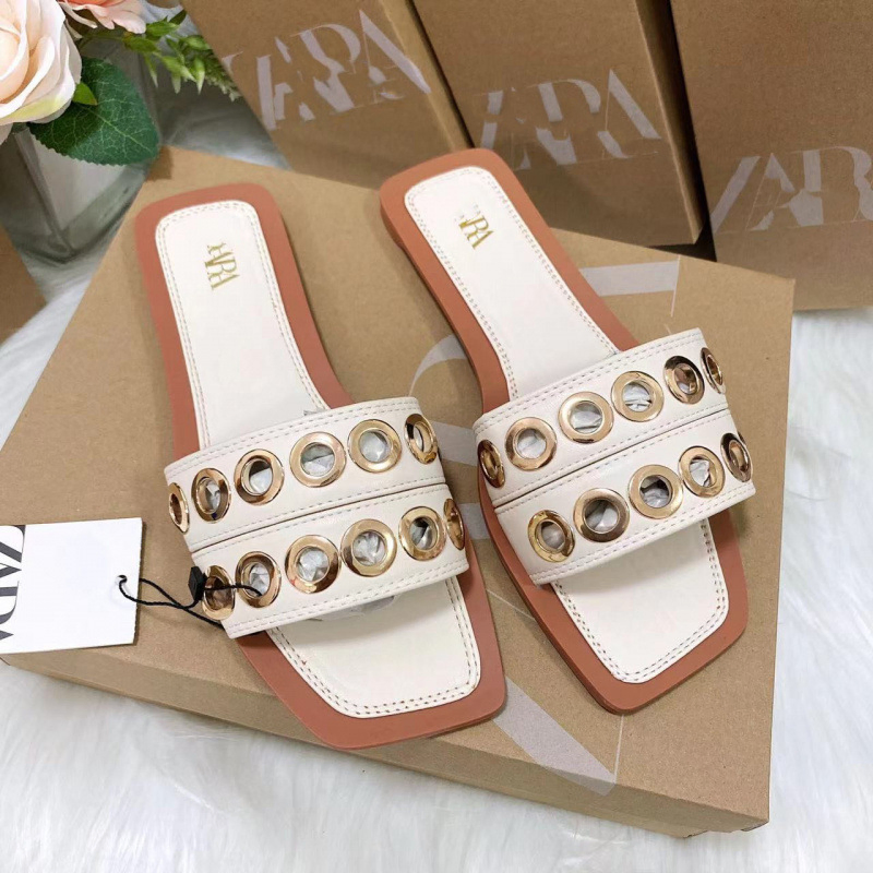 SPANISH STYLE  HARDWARE BUCKLE FLAT WOMEN'S SLIPPERS 8320BEIGE