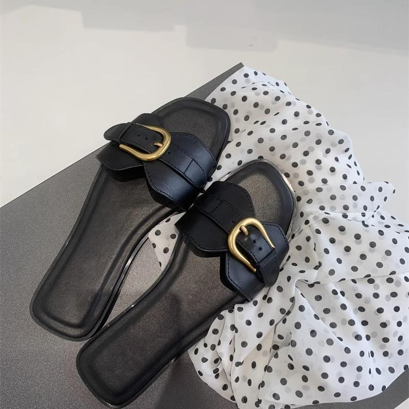 SQUARE-TOE FLAT-BOTTOMED LEATHER BUCKLE SANDALS US1000-9B