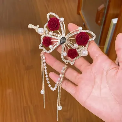 Butterfly Tassel Red Rose Hair Clip (1 pc) 