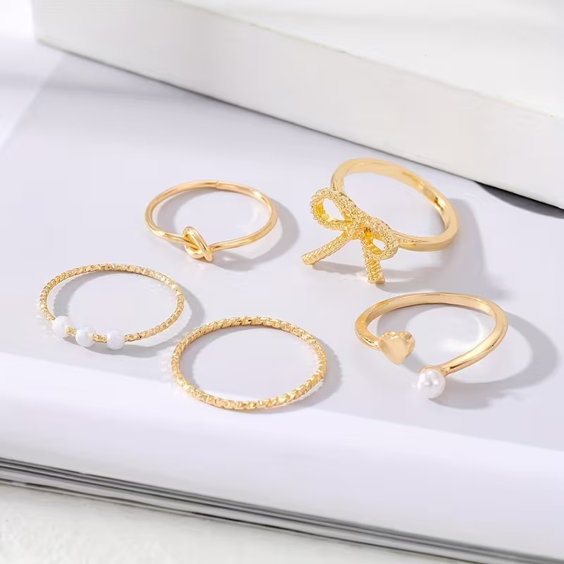 5 Pcs Vintage Pearl Heart Bow Ring Set