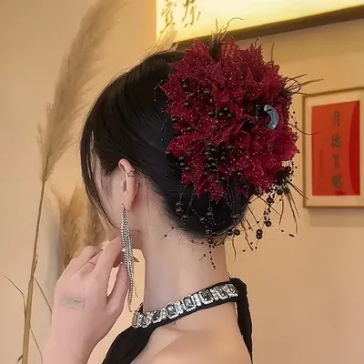 Peony Flower Tassel Sequin Hair Clip