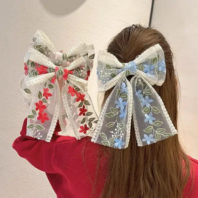 Embroidered Lace Bow Hair Clips