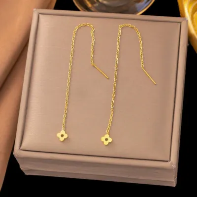 Gold plated Leaf Clover Tassel Earrings