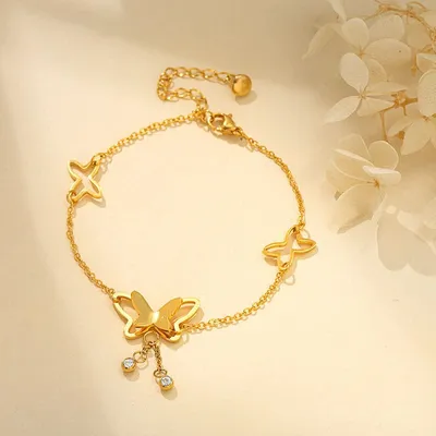 Stainless Steel Butterfly Zircon Tassel Anklet 
