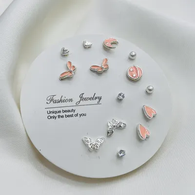 7 Pairs Pink Butterfly Pearl Earrings Set 