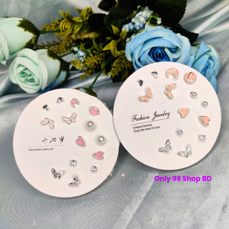 7 Pairs Pink Butterfly Pearl Earrings Set 