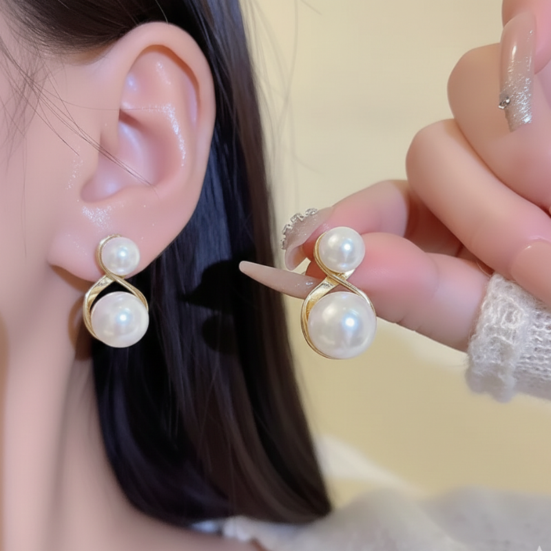 Geometric White Double Pearl Earrings