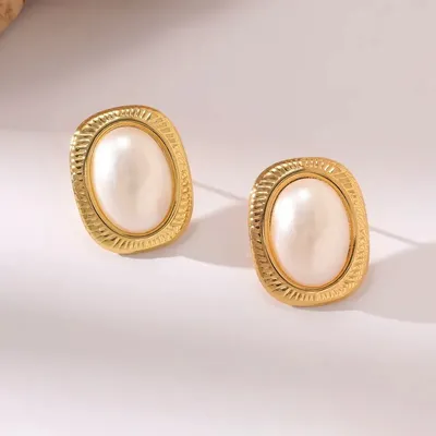 Vintage Baroque Oval Pearl Stud Earrings