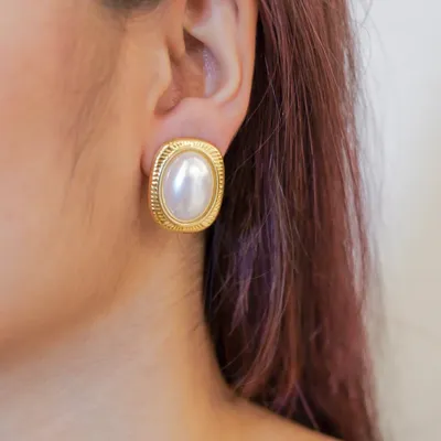 Vintage Baroque Oval Pearl Stud Earrings