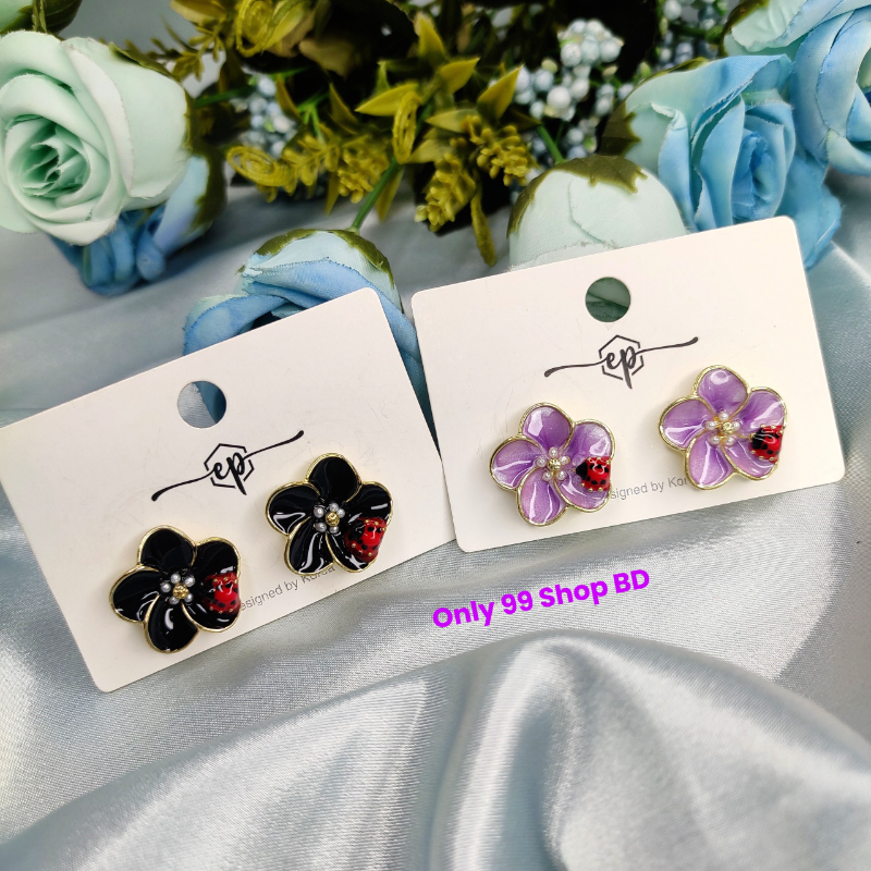 Flower Ladybug Stud Earrings