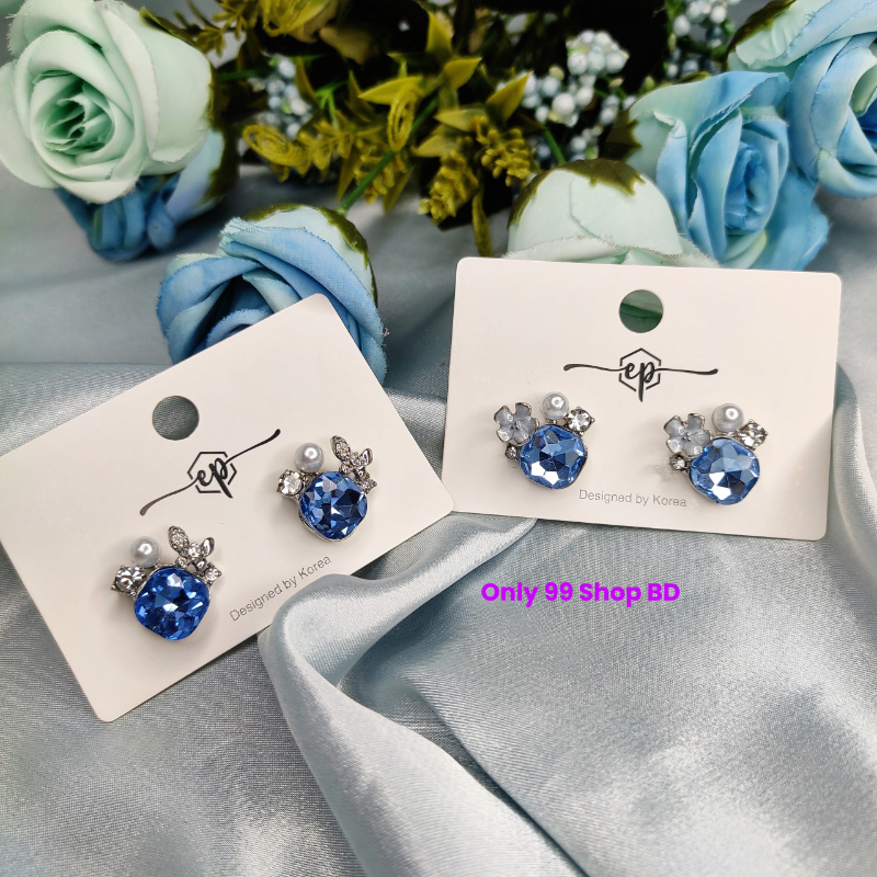  Blue Crystal & Pearl Stud Earrings 