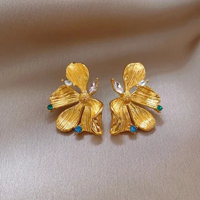 Wrinkled Flower Pink Green Zircon Earrings