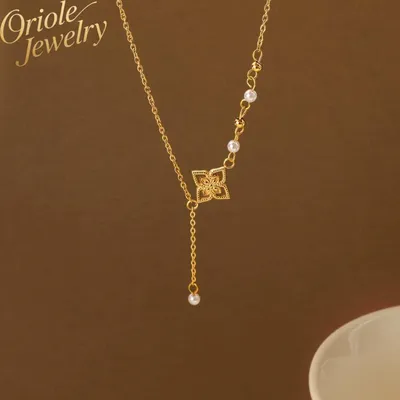 Four Leaf Clover Pearls V-Shape Necklace 