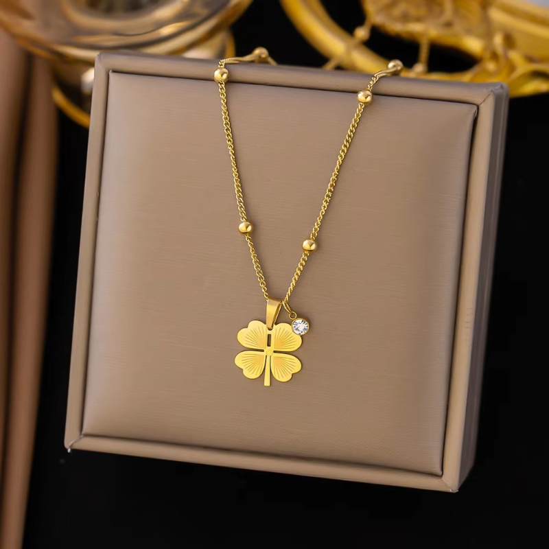 Four Leaf Flower Zircon Charm Necklace