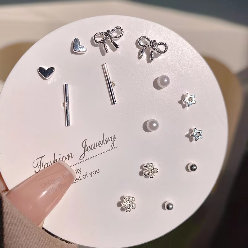 7-Pairs Hearts,Stars Stud Earring Set(1 Set)