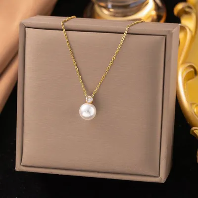 Diamond Round Pearl Drop Necklace