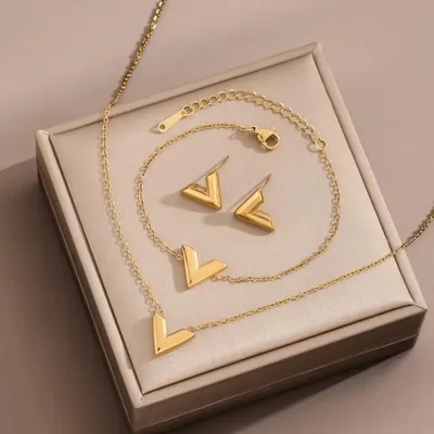Gold Plated V Letter Necklace Set