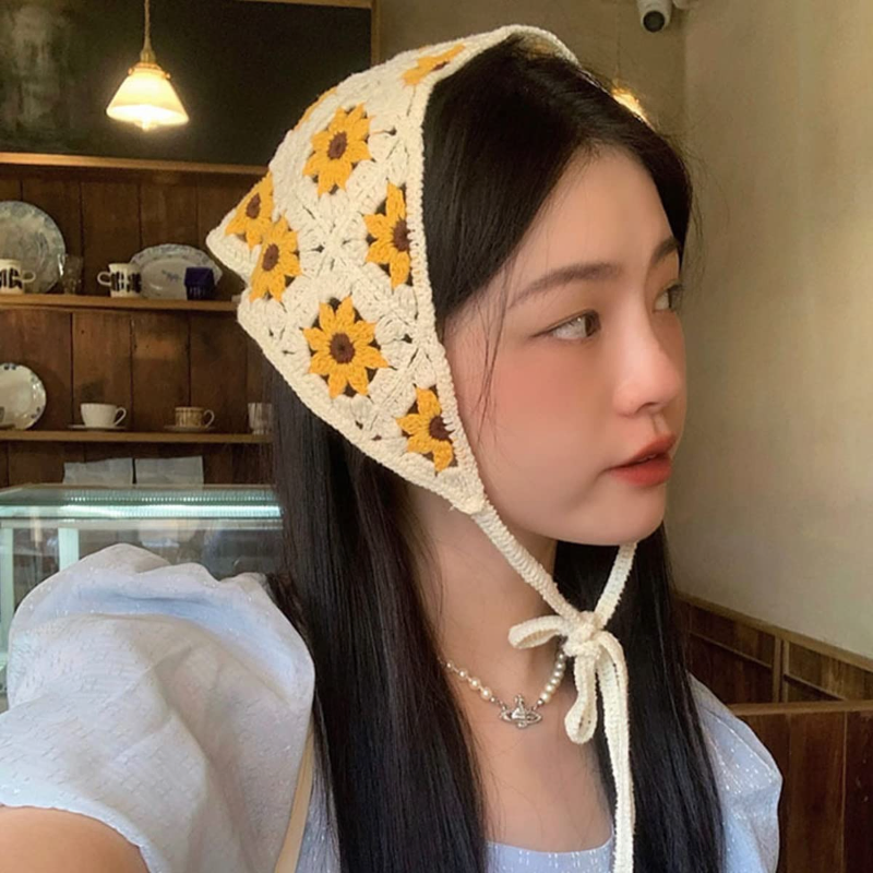 Knitted Crocheted Sunflower Triangle Scarf