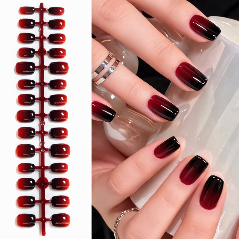 Deep Red Ombre Short Cat Eye Nails (30 Pcs)