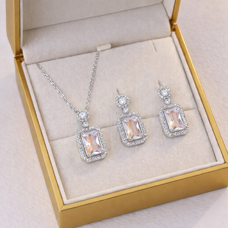 3 Pcs White Crystal Earrings Necklace Set