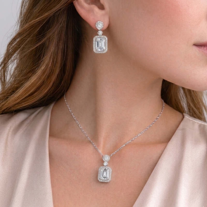 3 Pcs White Crystal Earrings Necklace Set