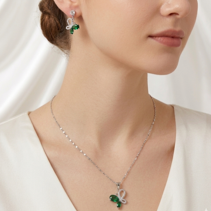 3 Pcs Green Butterfly Necklace Set