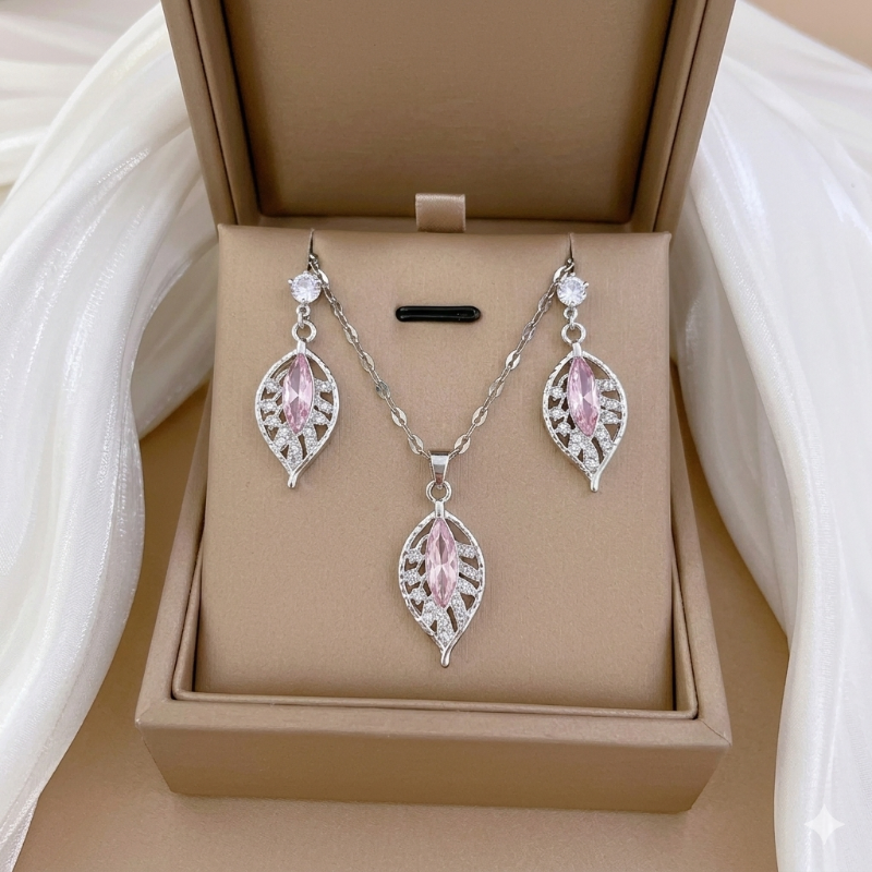 3 Pcs Pink Crystal Leaf Necklace Set