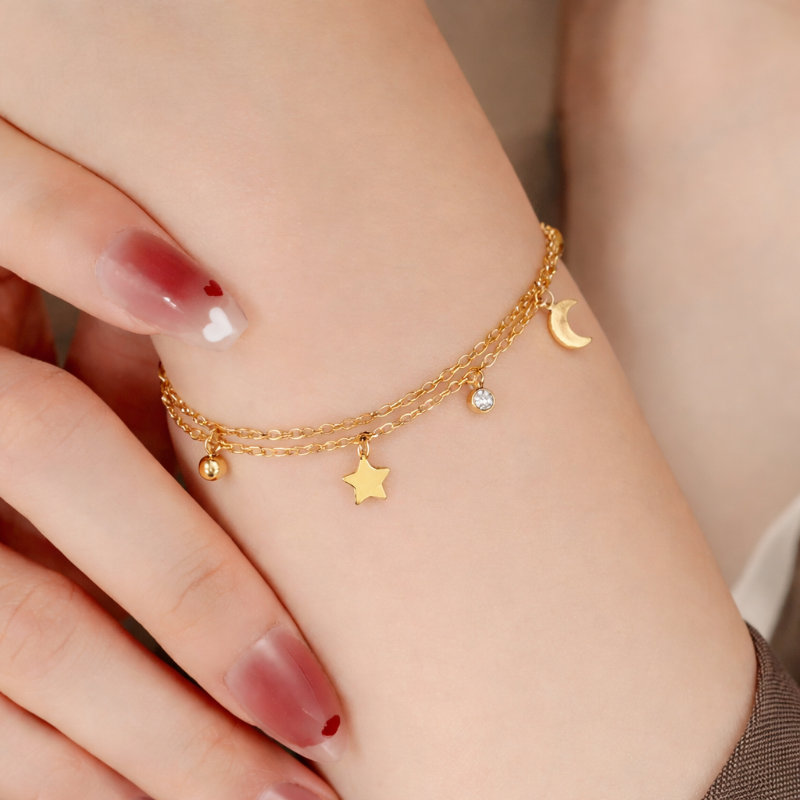 Double Layer Charm Moon Star Bracelet