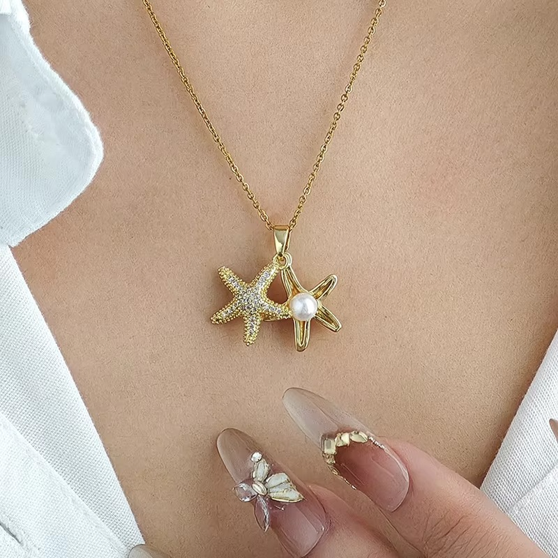 Starfish Pearl Pendant Necklace 