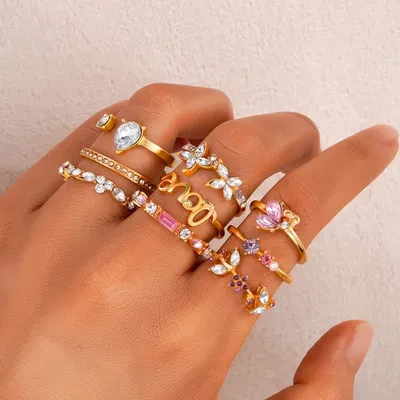 9 Pcs Vintage Zirconia Love Finger Ring Set