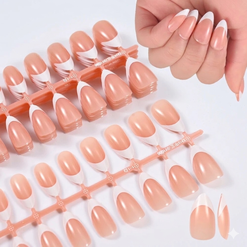 Classic Short Almond French Nails (30 Pcs)