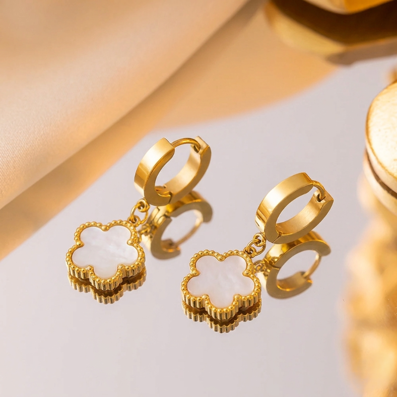 Gold Plated Clover Shell Charm Earring