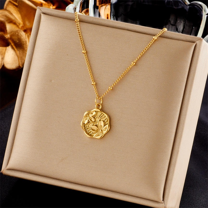 Stainless Steel Cherry Blossoms Flower Coin Necklace