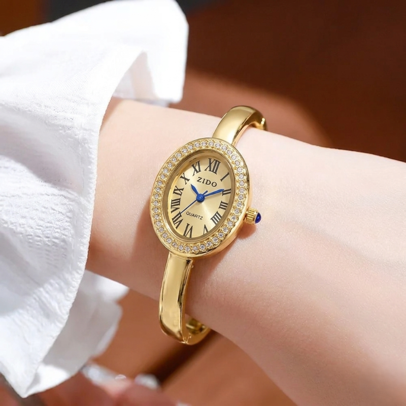 Rhinestone Oval Dial Bangle Watch
