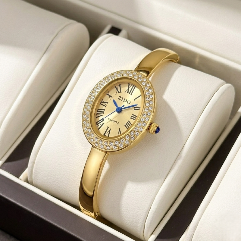 Rhinestone Oval Dial Bangle Watch