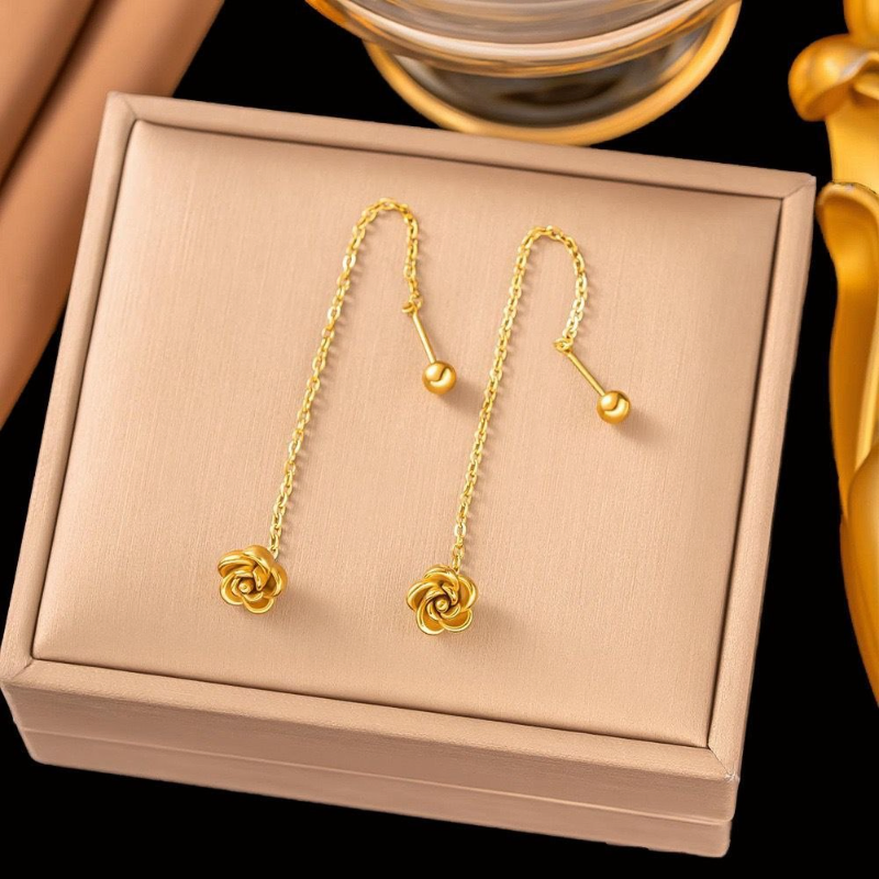 Stainless Steel Rose Pattern Tassle Earrings