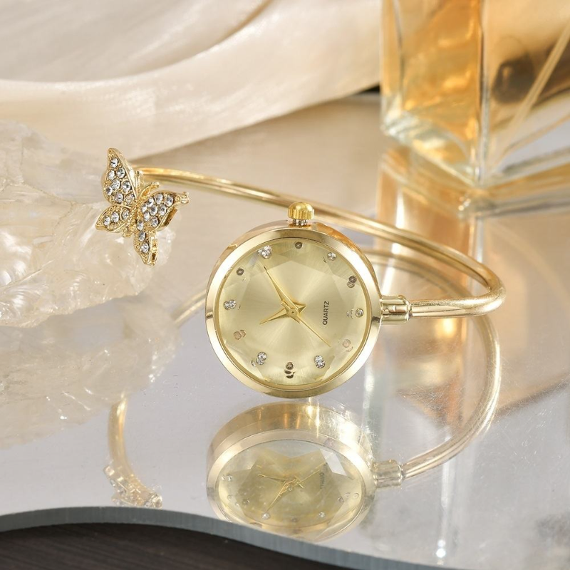 Diamond-inlaid Butterfly Open Bangle Quartz Watch 