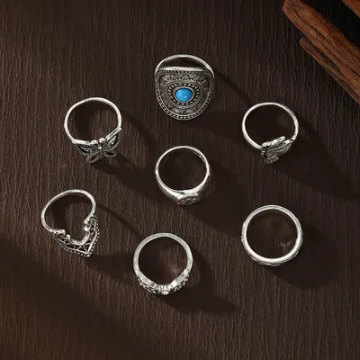 7 Pcs Vintage Butterfly Turquoise Finger Ring Set
