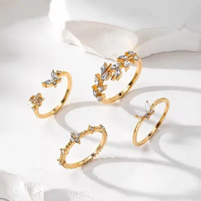 4 Pcs Leaf Butterfly Open Ring Set 