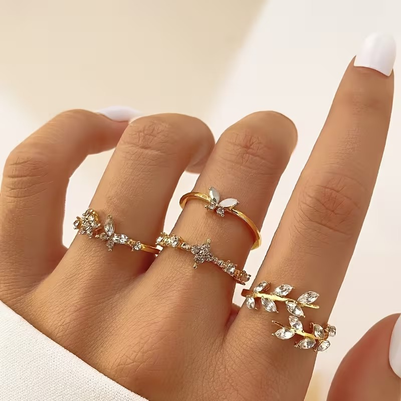 4 Pcs Leaf Butterfly Open Ring Set 
