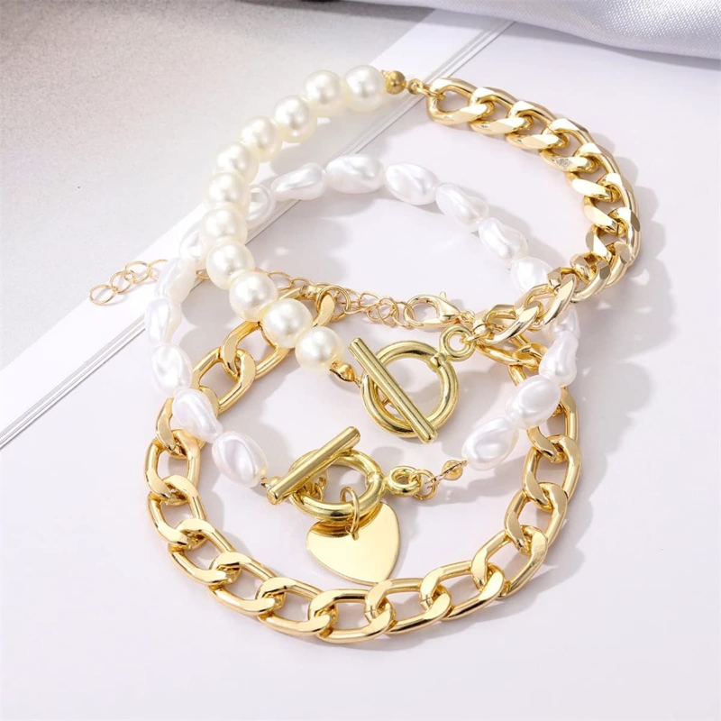 3 Pcs Boho Vintage Heart Pearl Bracelet Set