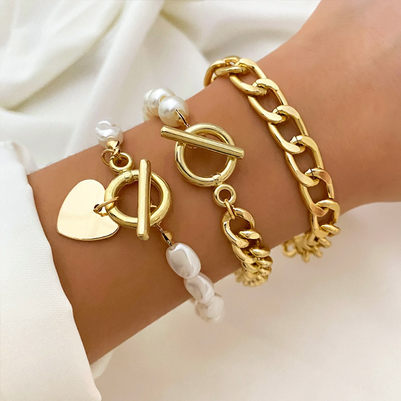 3 Pcs Boho Vintage Heart Pearl Bracelet Set