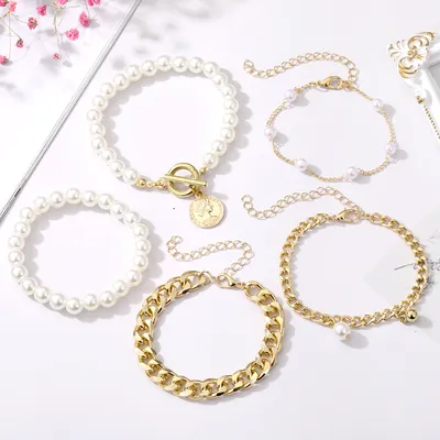 5 Pcs Link Chain Pearl Bracelet Set