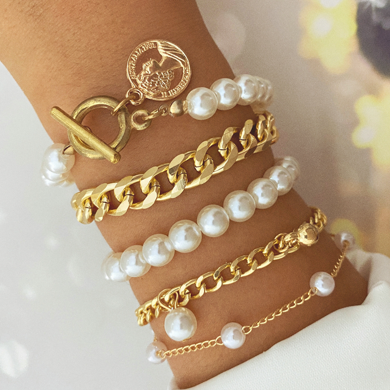 5 Pcs Link Chain Pearl Bracelet Set