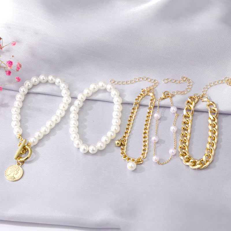 5 Pcs Link Chain Pearl Bracelet Set
