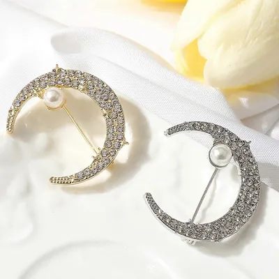 Pearl Rhinestone Moon Brooch For Women (1Pc)