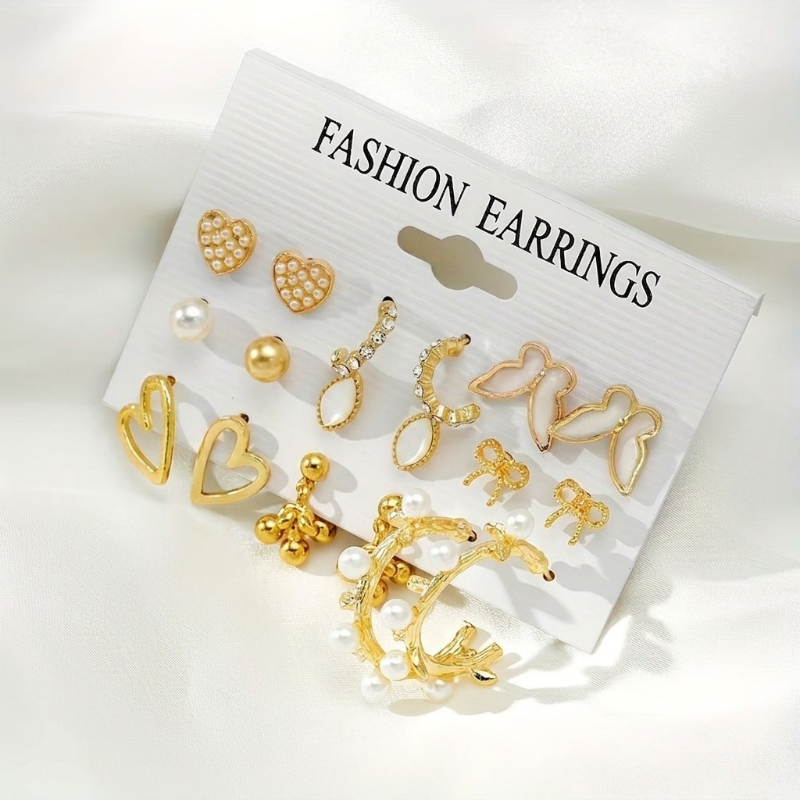 9 Pairs Elegant Rhinestone Earring Set