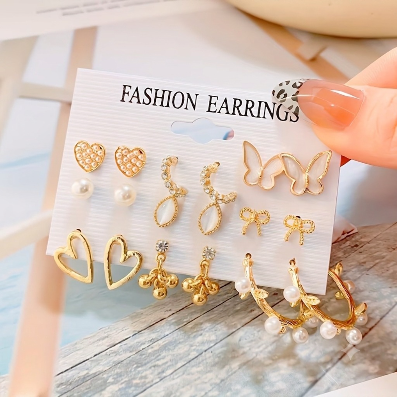 9 Pairs Elegant Rhinestone Earring Set